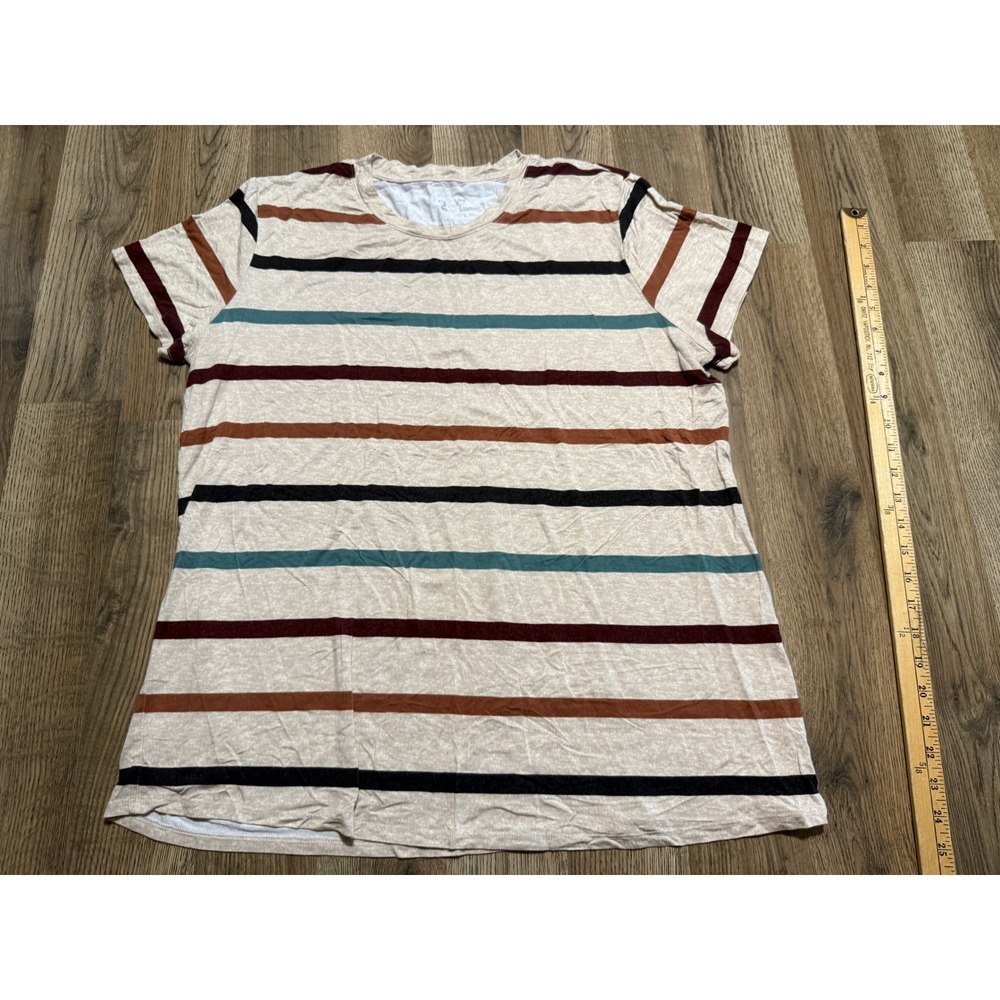 24/7 by Maurice's T-Shirt Womens XXL Beige Multi Stripe Short Sleeve Crew Neck